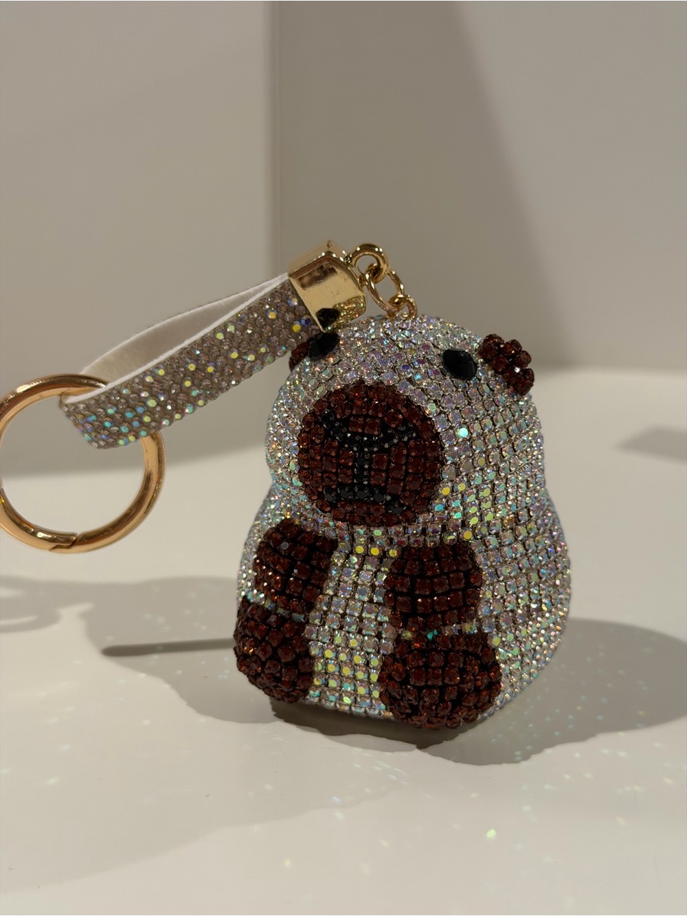 Rhinestone Embellished Brown & White Capybara Keychain bag clip